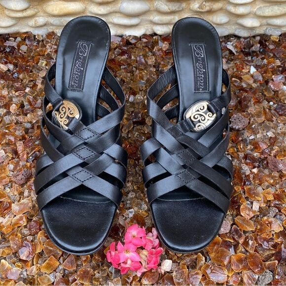 Brighton Shoes - Brighton Vista Black Slide Open Toe Sandals Strappy Heels Leather Size 7.5M EUC!